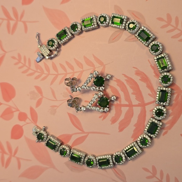 Green Chrome Diopside 925 Silver Bracelet & Earring Set - Picture 1 of 12